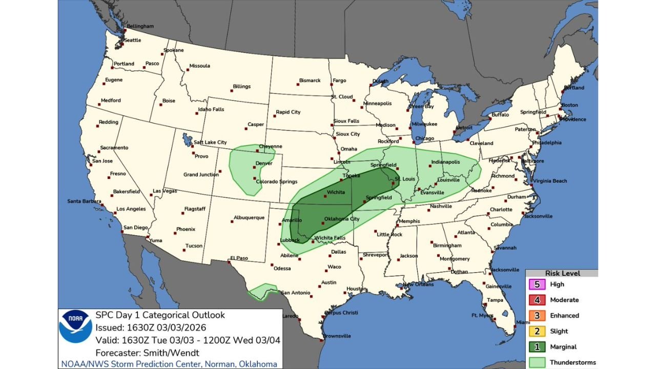 Storm Prediction Center Unveils New Day 1 Outlook Graphics as Marginal Severe Risk Stretches from Texas and Oklahoma to Illinois and Indiana