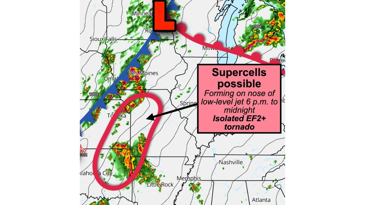 Supercell Threat Targets Oklahoma, Arkansas, Kansas, and Missouri as Evening Storms Could Produce Isolated EF2+ Tornado