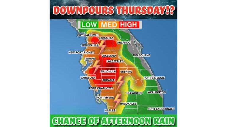 Tampa, Orlando, Sarasota and Fort Myers in Bullseye for Potential Thursday Downpours as Florida GRAF Model Signals High Rain Chances — Lightning a Wildfire Concern