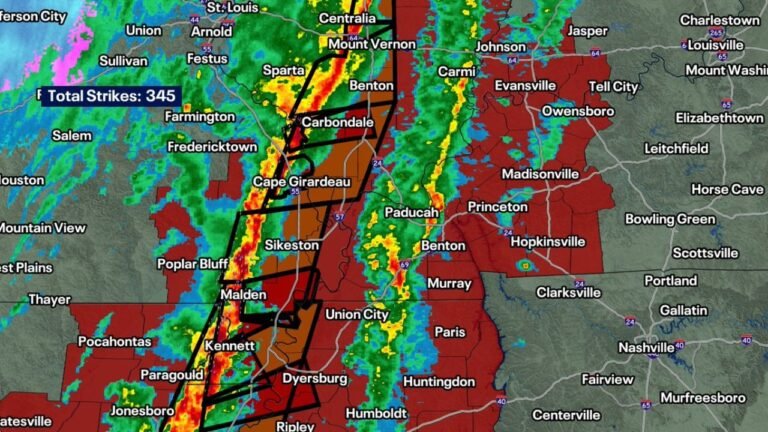 Tennessee, Kentucky and Southern Illinois Face 75 to 90 MPH Destructive Wind Line From Memphis and Dyersburg to Carbondale and Mount Vernon