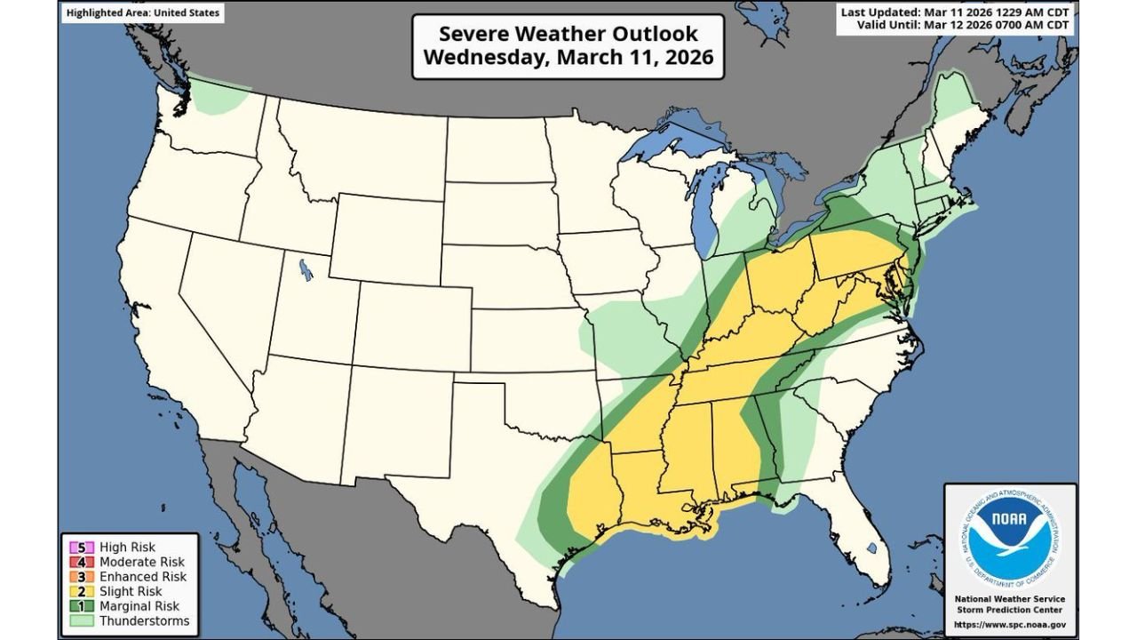 Texas, Mississippi, Alabama, Tennessee, Kentucky, Ohio, Pennsylvania, and Washington DC Under Severe Weather Threat as Damaging Winds, Large Hail, and Strong Tornadoes Target Gulf Coast to Mid-Atlantic Corridor