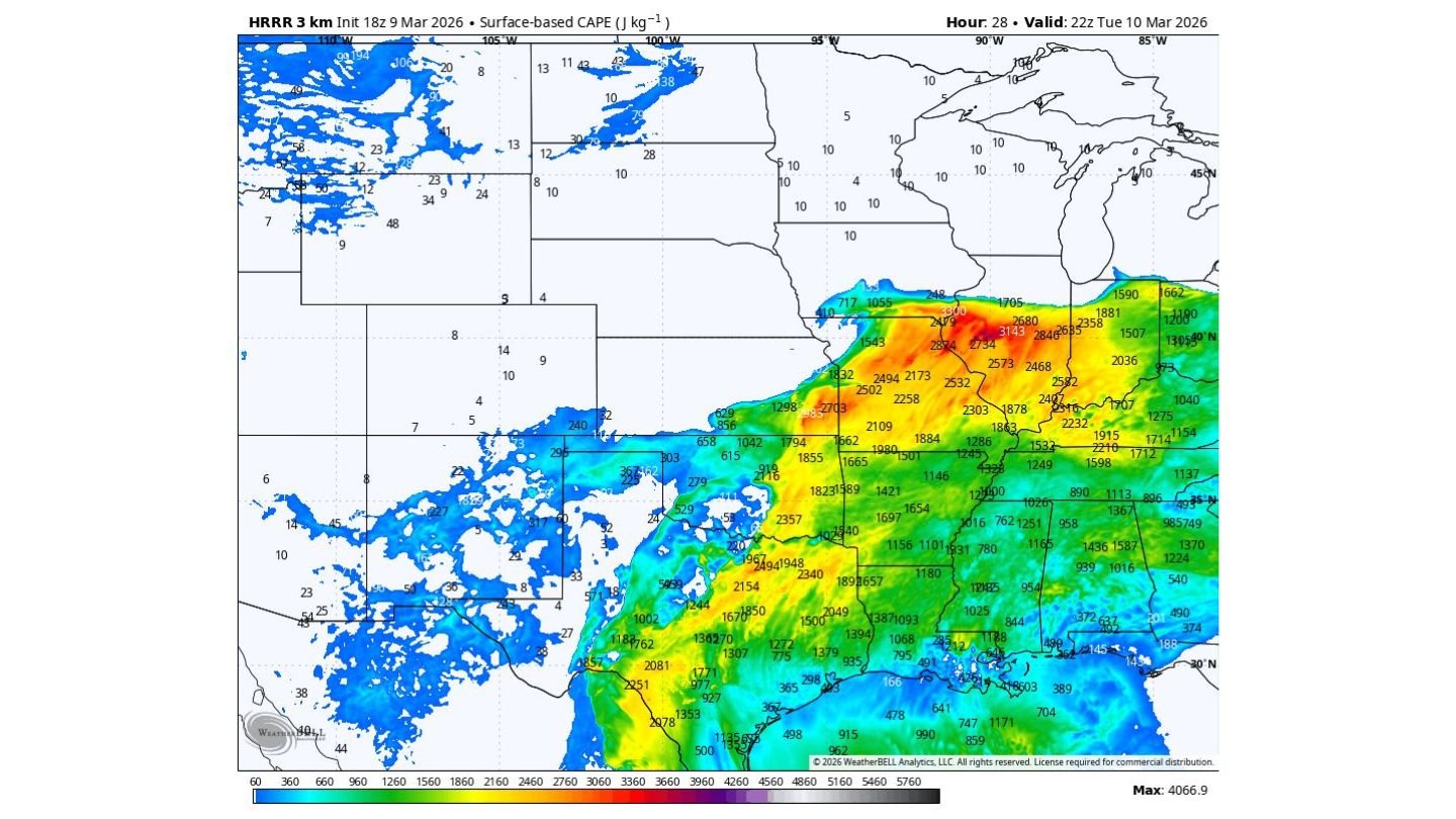Texas and Midwest Brace for Explosive Storm Fuel as High CAPE Signals Tornado Risk from Texas to Illinois Tuesday