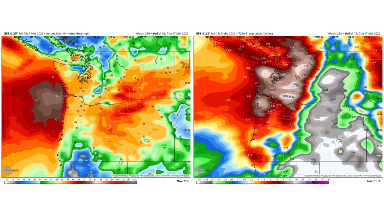 Washington State and Pacific Northwest Could Face Rare Multi-Threat Storm With Heavy Snow, 70 MPH Winds and Atmospheric River, Model Shows