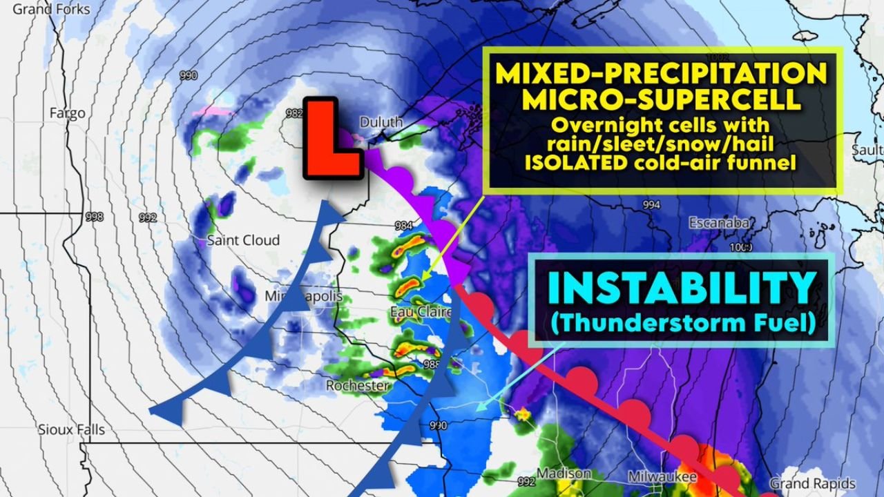 Wisconsin Could See Rare Overnight Mini-Supercells With Rain, Snow, Sleet and Small Hail as Unusual Cold-Core Storm Spins Near Duluth and Minneapolis