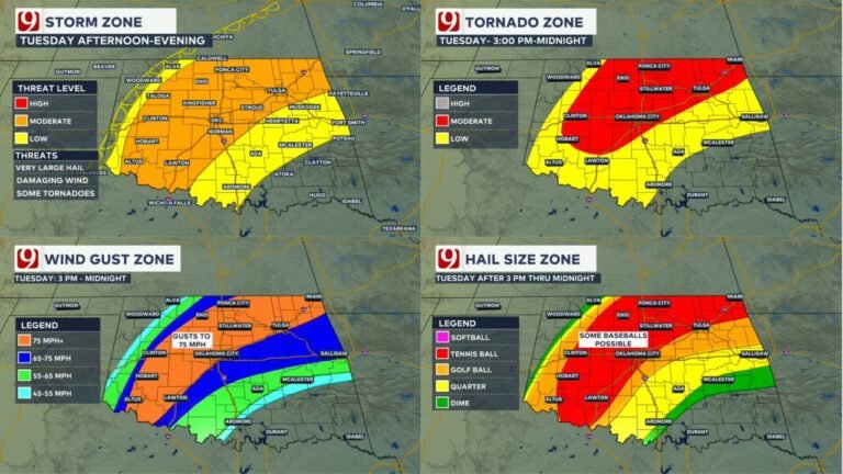 Oklahoma Faces Its Biggest Severe Weather Day of Spring as Baseball-Sized Hail, 75 MPH Winds and Tornadoes Target Oklahoma City, Tulsa, Enid and Lawton From 3 PM Through Midnight Tuesday