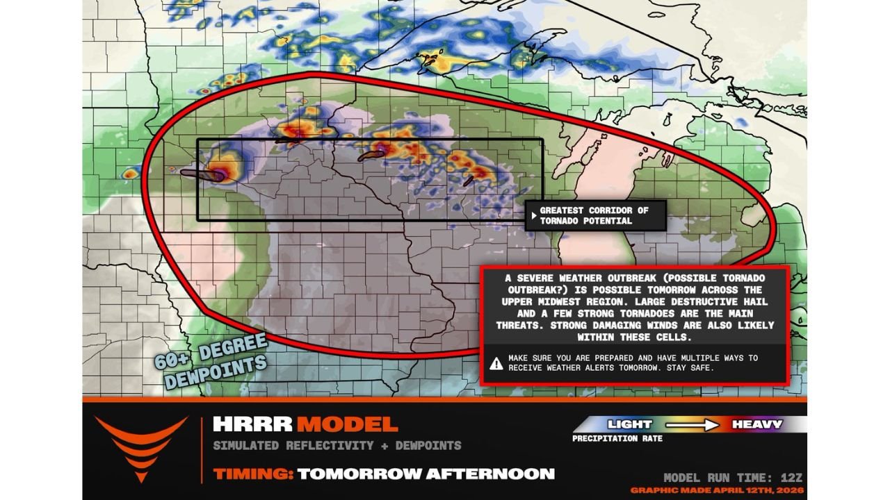 Southern Minnesota and Wisconsin Face a Possible Tornado Outbreak Tomorrow Afternoon as Supercells Erupt After 4 PM Along the Warm Front With Large Destructive Hail and Strong Tornadoes as the Main Threats