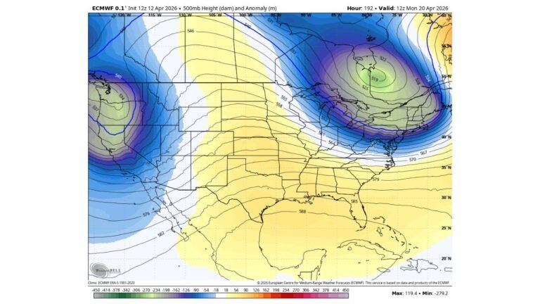 Baltimore's Summer-Like Heat Wave Will Not Last as Upper-Level Pattern Data Shows a Significant Cool Down Arriving Next Sunday With a Deep Trough Sweeping the Northeast by April 20
