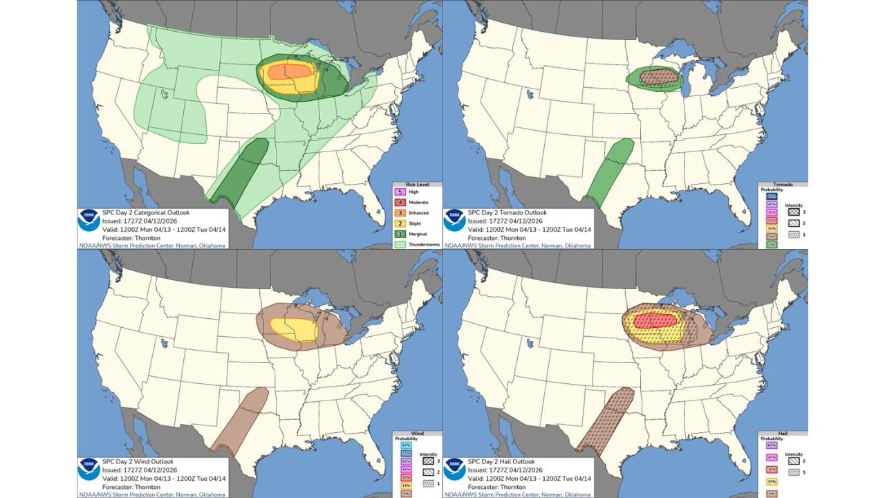 SPC Upgrades Monday's Risk to Enhanced Level Across the Upper Midwest as Large Hail, Damaging Winds and a Significant Tornado Threat Target Minnesota, Wisconsin, Iowa and Northern Illinois