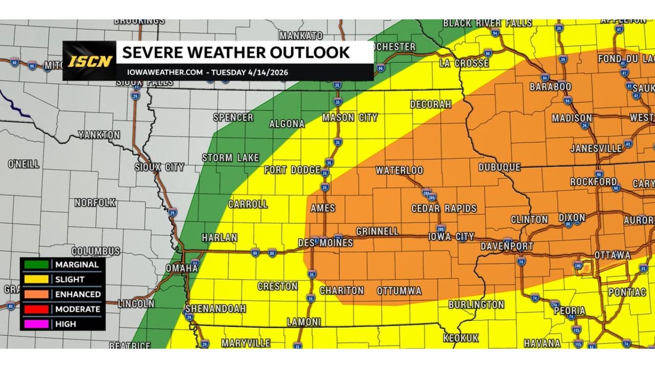 Iowa Faces a Dangerous Tuesday as Strong EF-2 Tornadoes, Very Large Hail and Damaging Winds Target Cedar Rapids, Des Moines, Waterloo and Iowa City From 3 PM Through Tuesday Night
