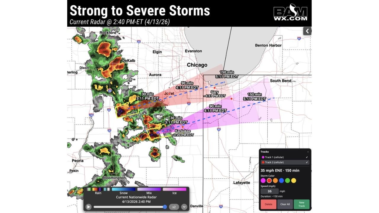 Strong to Severe Storms Push Across Northern Illinois This Afternoon With Large Hail Targeting Joliet, Kankakee and the Chicago Southside as Two Tracked Storm Cells Race Toward Gary and South Bend by 5 PM