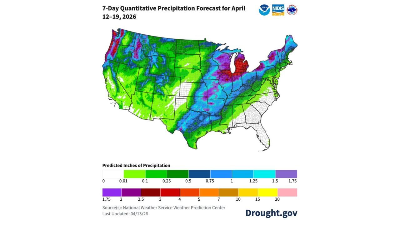 The Week of April 12 to 19 Brings Heavy Rain From Texas and the Upper Midwest to Michigan and the Pacific Northwest While the Southeast Stays Bone Dry and Flash Flood Concerns Rise Across Illinois and Indiana