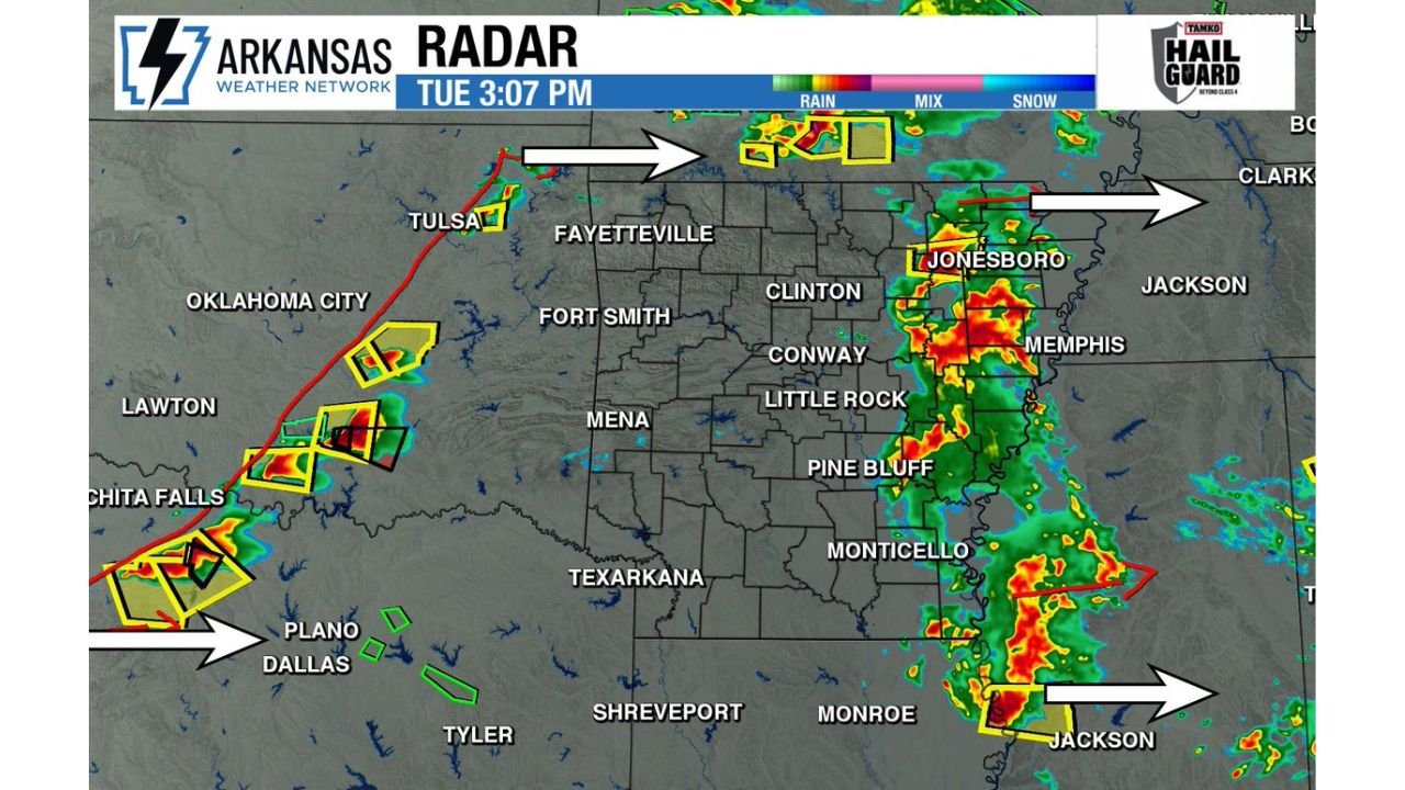 Arkansas Atmosphere Recovers as Fresh Severe Storms From Oklahoma and Texas Move In Bringing Extremely Large Hail and Tornado Threat Through Tuesday Evening