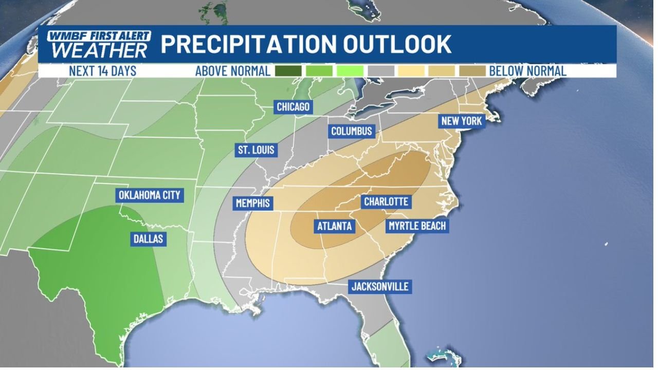 Carolinas and Southeast Face Growing Dry Spell Risk While Midwest Sees Near Normal Rainfall in 14 Day Outlook Including Chicago and St Louis
