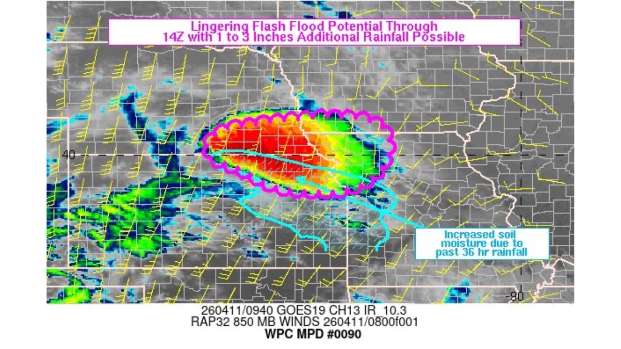 Flash Flood Threat Lingers Across Northeastern Kansas, Southeastern Nebraska, Southwestern Iowa and Northwestern Missouri as Saturated Ground and 1 to 3 Additional Inches of Rain Put Four States on Alert