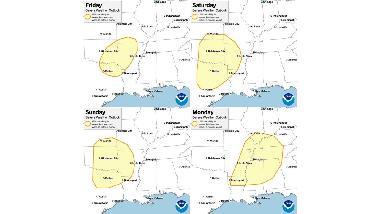 Four Days of Severe Weather Are Coming to the Southern United States as Oklahoma, Texas, Arkansas and the Mid-South Face Threats From Thursday Through Monday