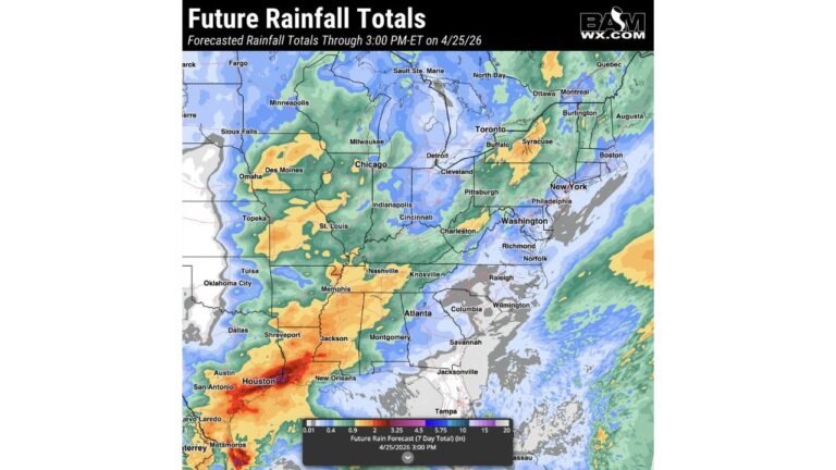 Heavy Rain Soaks Memphis, Nashville, Chicago and Houston Over the Next Seven Days as Forecast Totals of 1 to 6 Inches Hit the Central United States Through April 25
