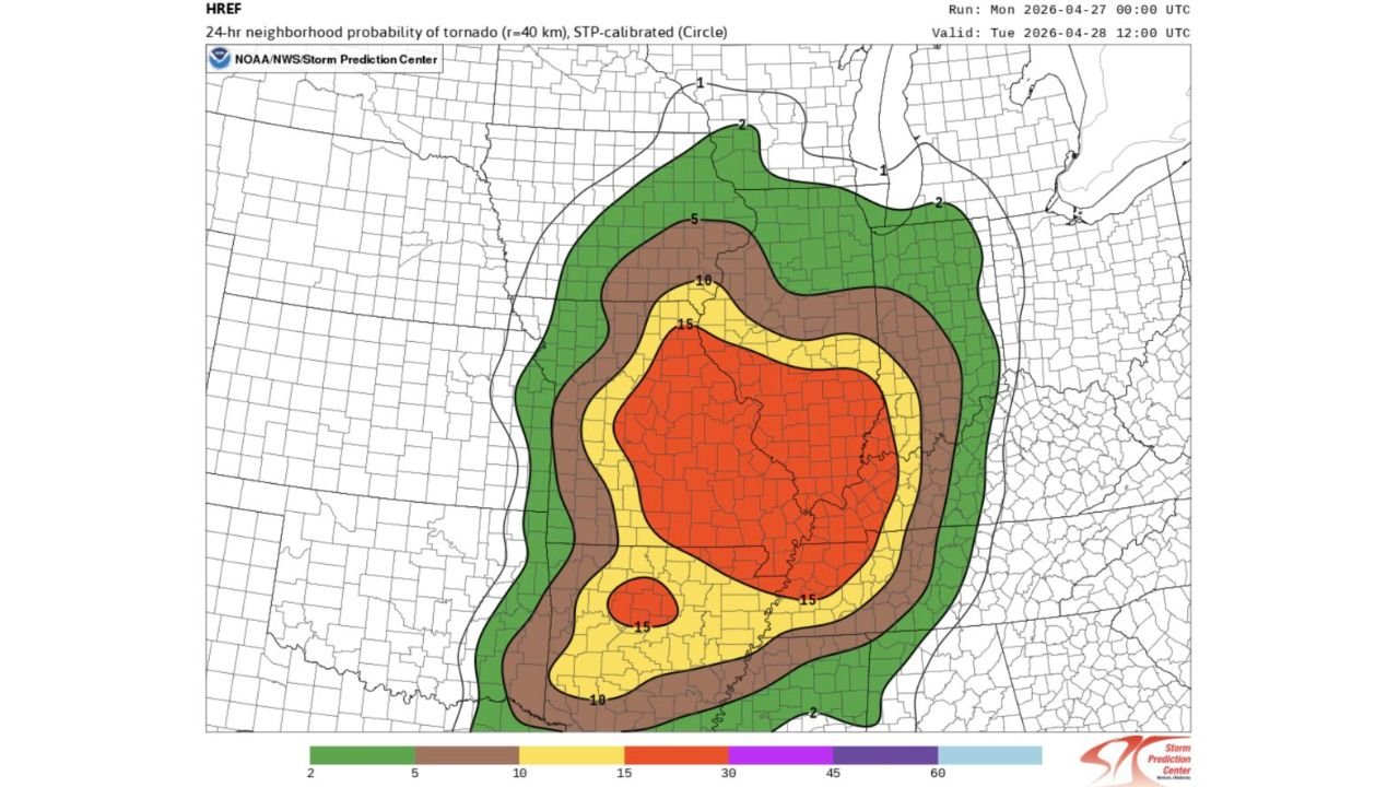 High-Resolution Tornado Probability Tool Prints a Massive 15% Risk Corridor Over Illinois and Indiana Pointing Toward a Likely Outlook Upgrade on Monday