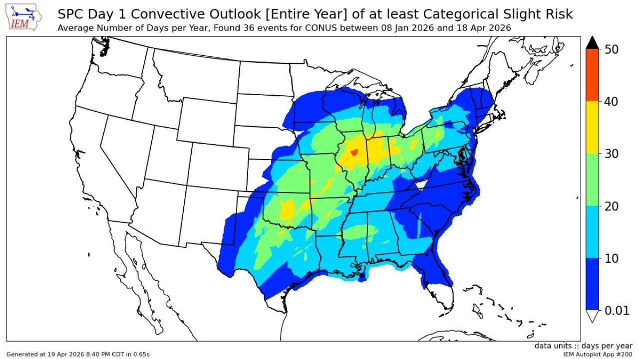 Illinois Has Been the Most Targeted State for Severe Weather in 2026 as a Stunning Heatmap Shows 36 Outbreak Days Already Logged Across the Central and Eastern United States Through April 18
