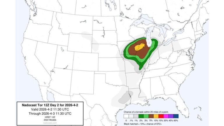 Illinois, Indiana and Michigan Highlighted in Day 2 Tornado Outlook as Chicago and Great Lakes Region Face Increasing Risk With Potential Strong Storm Upgrade