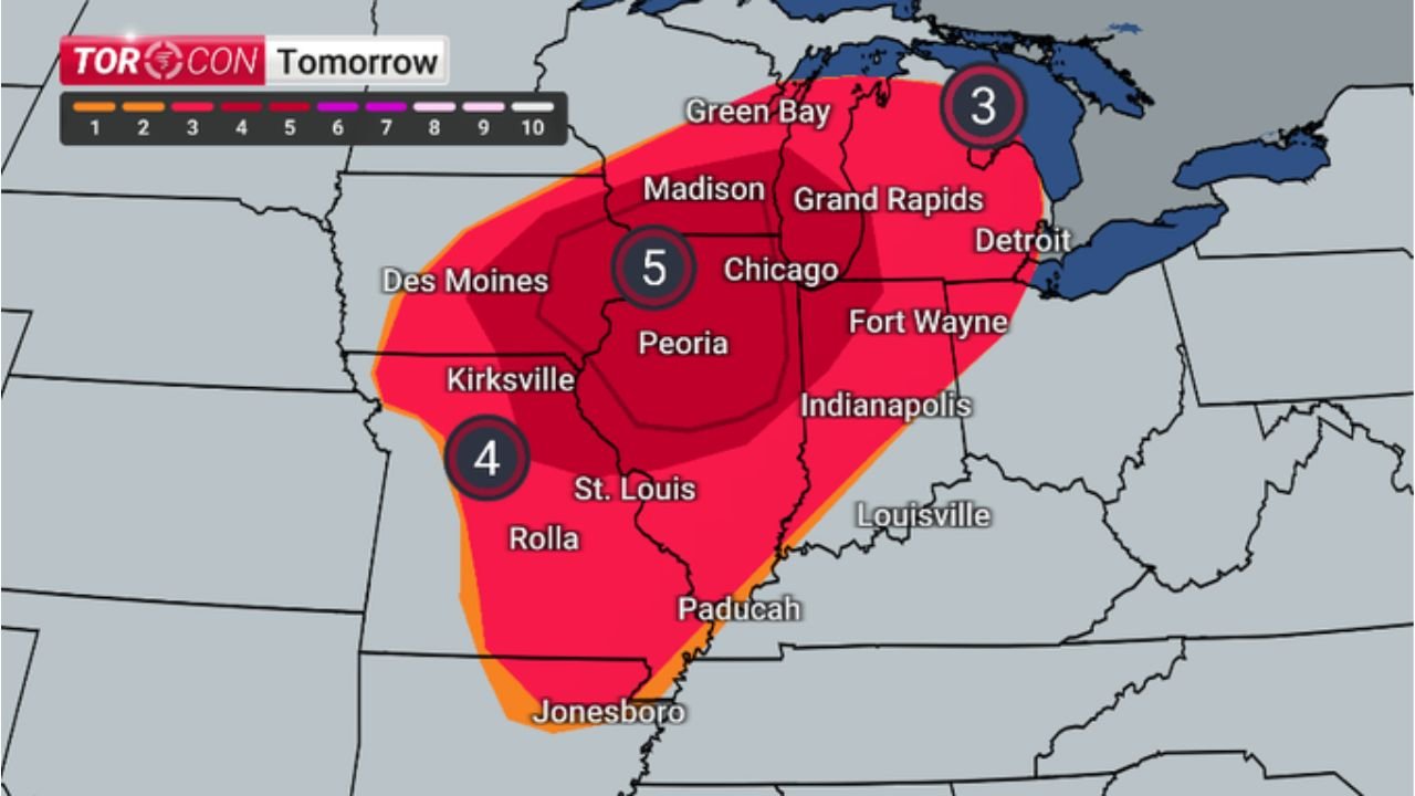 Illinois, Missouri and Indiana See TORCON 5 Spike Tomorrow as Chicago, Peoria and St. Louis Face Highest Tornado Potential in Midwest Outbreak