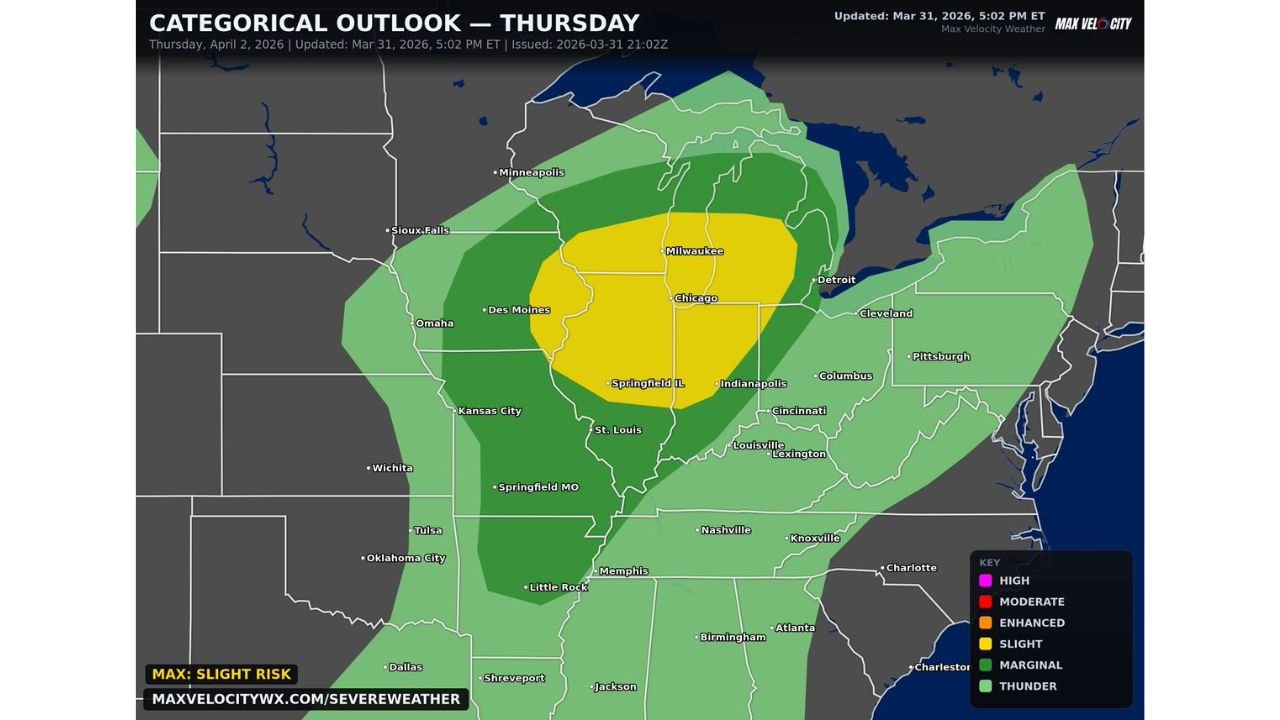 Iowa, Illinois, Indiana and Missouri Face a Very Significant Severe Weather Day Thursday April 2 With Strong Tornadoes on the Table if Skies Clear in Time Across the Chicago, Des Moines and Indianapolis Corridors