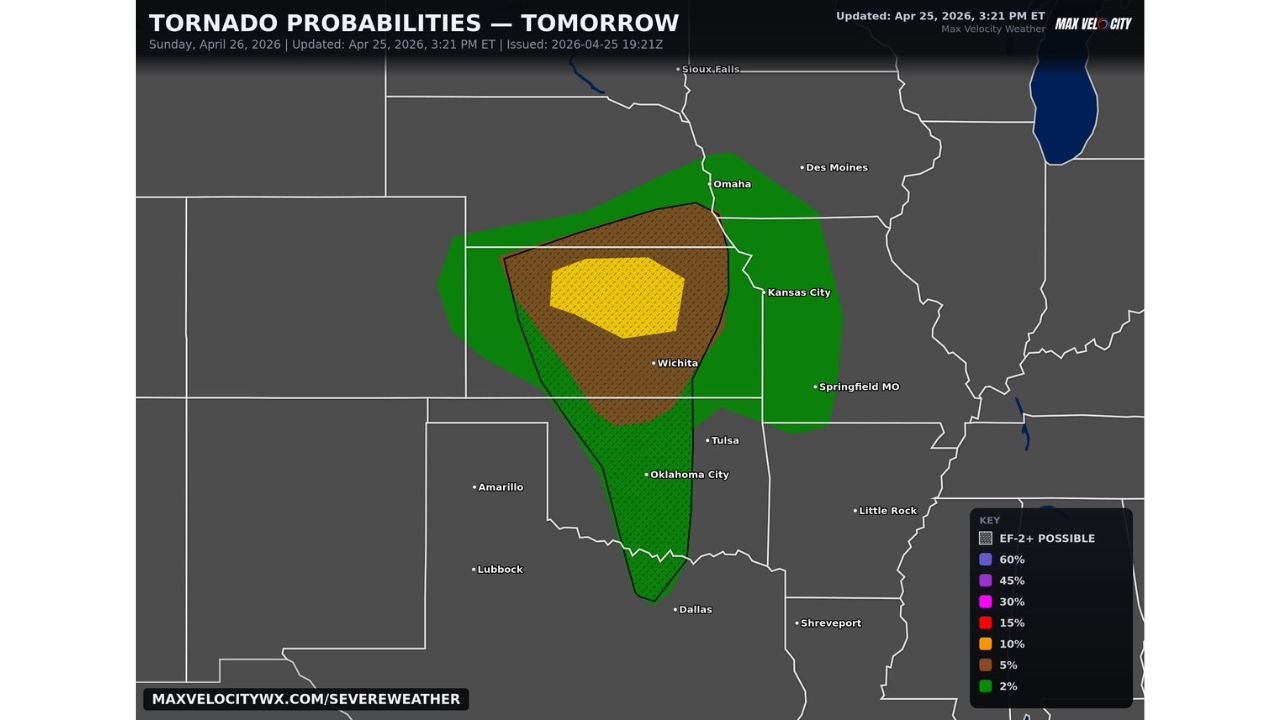 Large Tornadoes Possible Sunday From Texas to Iowa as a 10% Probability Zone Centers on Wichita and Kansas City