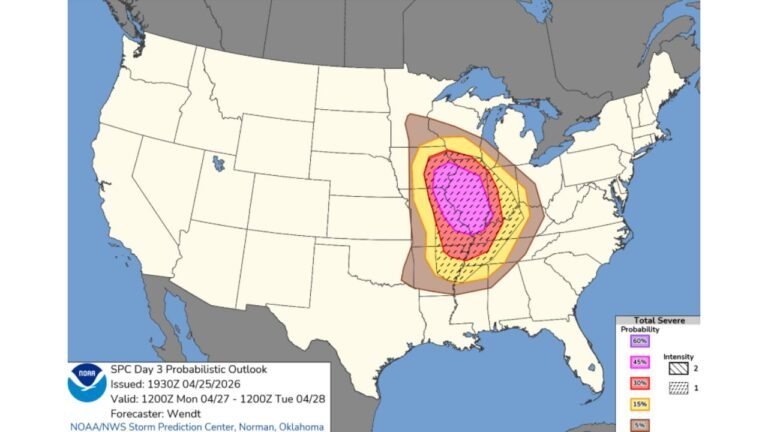 Monday Severe Weather Outlook Carries a 60% Severe Storm Probability Over Illinois and Indiana With a Possible Upgrade to Moderate Risk Still on the Table