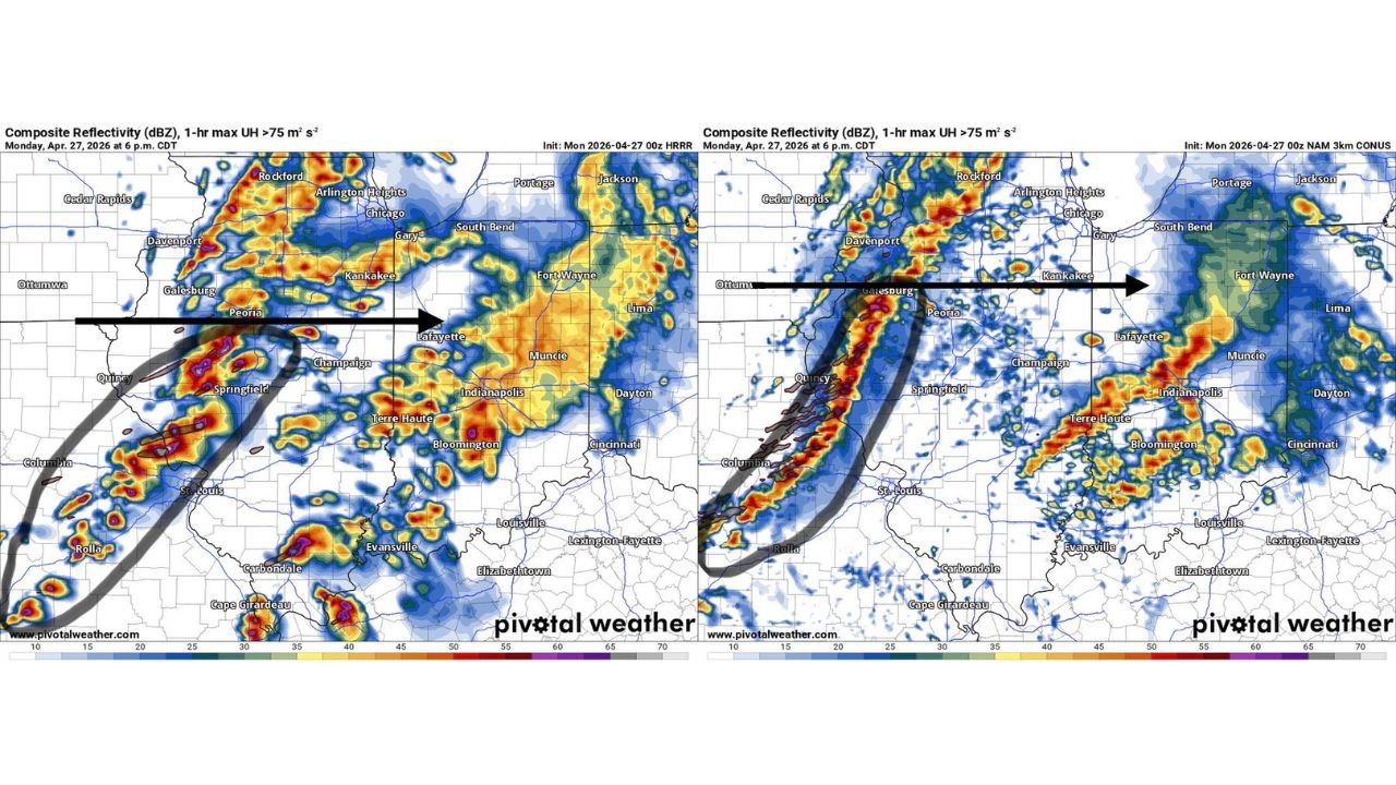 Monday Severe Weather Threat Shifts South of Chicago as Southern Two-Thirds of Illinois Face Large Tornadoes and Hail While Damaging Winds Target the Peoria Line