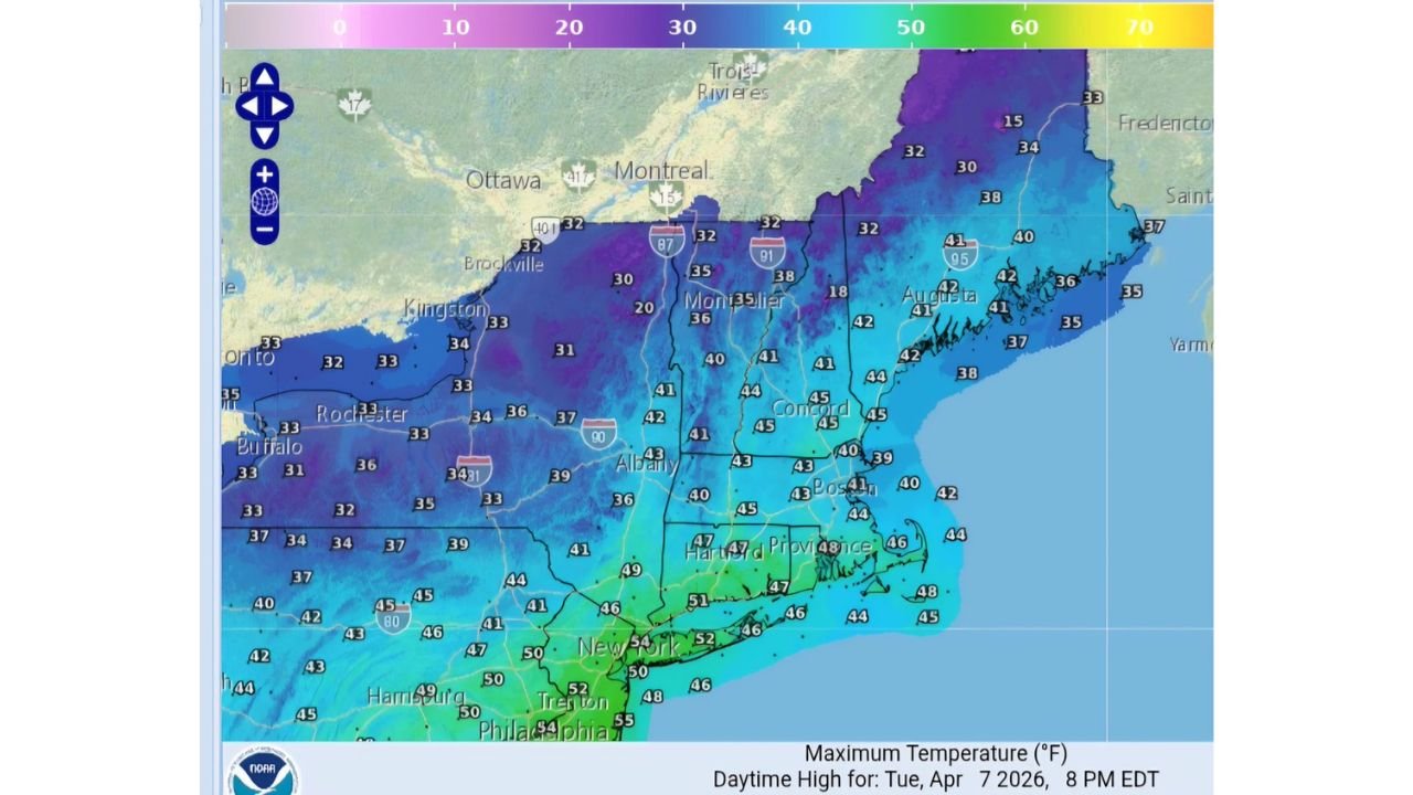 New York Boston Hartford And Albany Face Sharp Temperature Divide As Cold Air Locks Northern Areas In 30s While NYC And Philadelphia Push Into 50s Tuesday