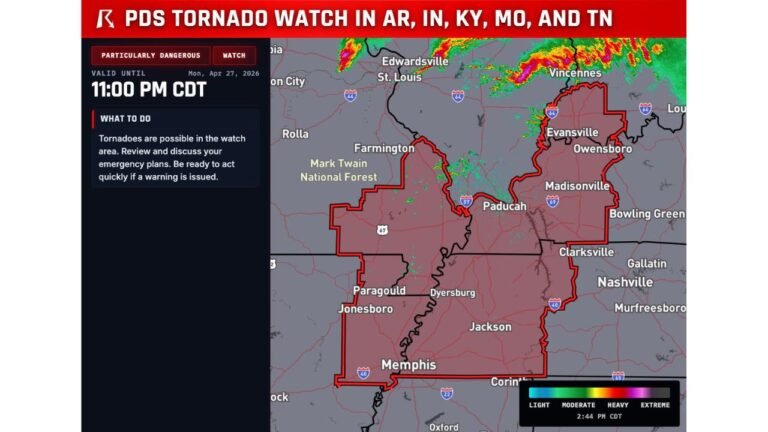 Particularly Dangerous Situation Tornado Watch Issued Until 11 PM CDT for Northeast Arkansas, Southern Illinois, Southern Indiana, Western Kentucky, Southeast Missouri and Western Tennessee