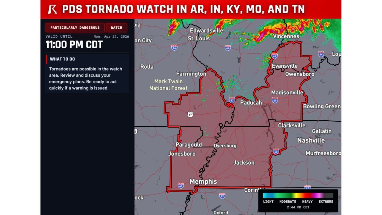 Particularly Dangerous Situation Tornado Watch Issued Until 11 PM CDT for Northeast Arkansas, Southern Illinois, Southern Indiana, Western Kentucky, Southeast Missouri and Western Tennessee