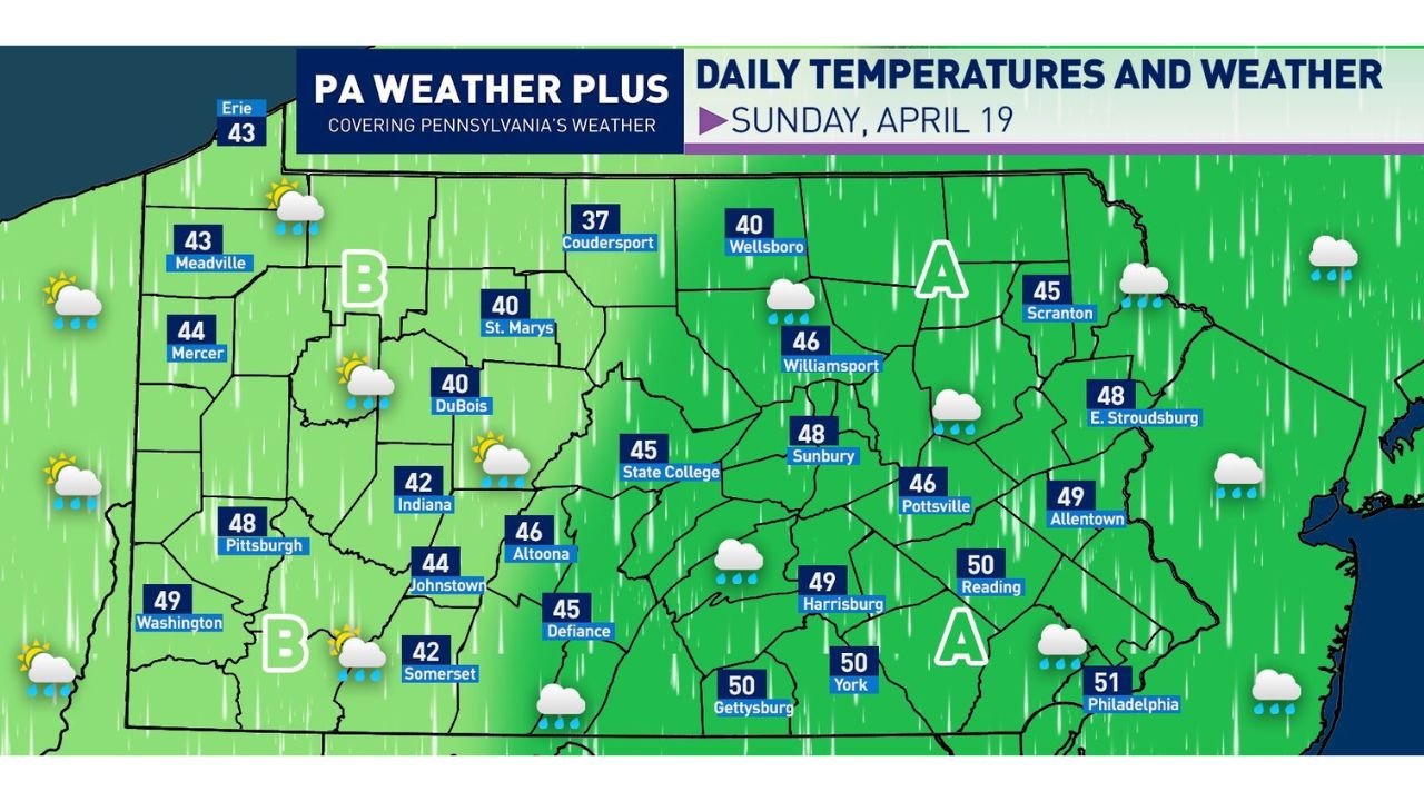 Pennsylvania's Summer Heat Ends Sunday as Temperatures Crash Into the 40s With Rain and Snow Mixing Before a Hard Freeze Drops Pittsburgh, Harrisburg and Philadelphia Into the 20s Monday Night