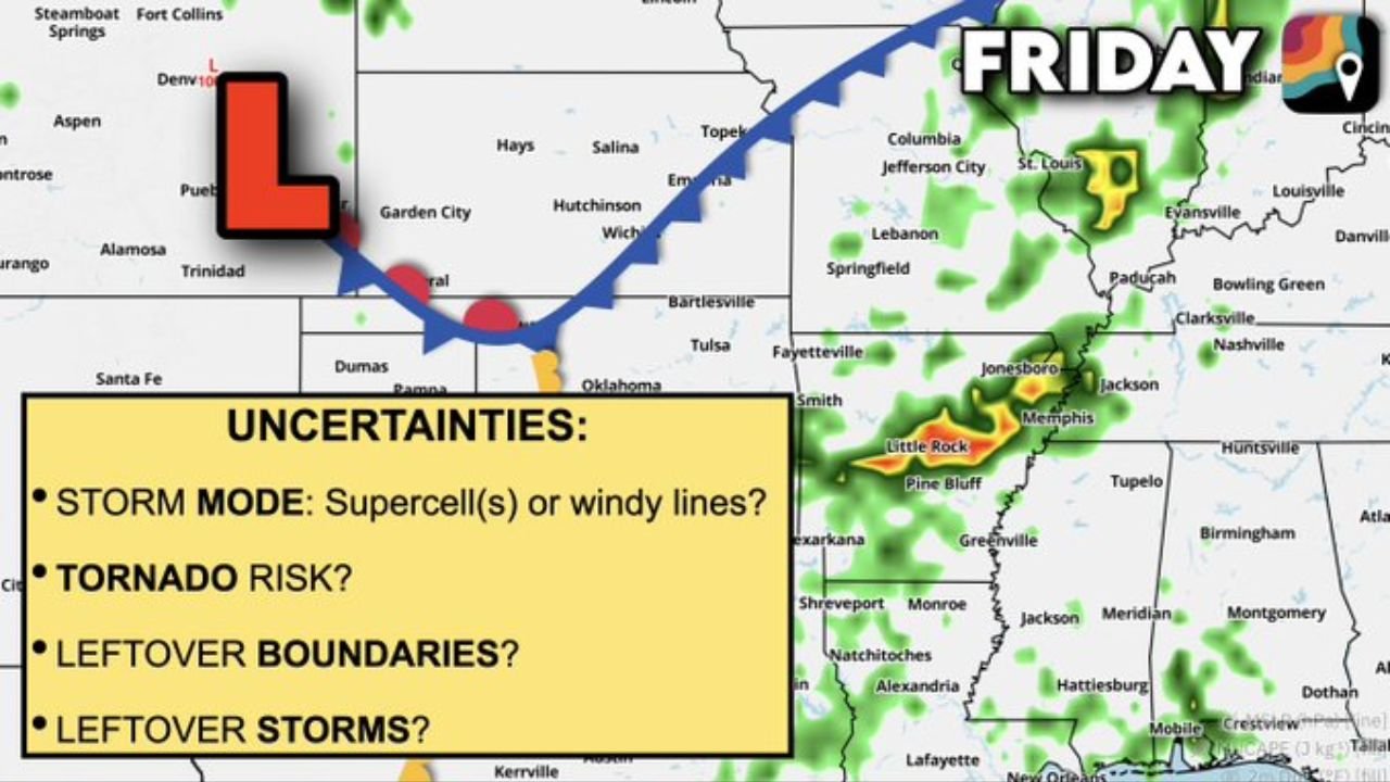 Scattered Severe Storms Target Eastern Oklahoma, Arkansas and Northeast Dallas on Friday as Golf Ball Hail and an Isolated Tornado Threat Develop Along the I-30 Corridor and Missouri Ozarks