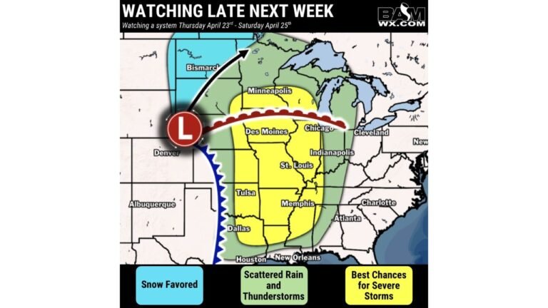 Severe Storms Threaten Chicago, St. Louis, Dallas and Memphis While Snow Targets Bismarck as a Major System Moves Through April 23 to 25
