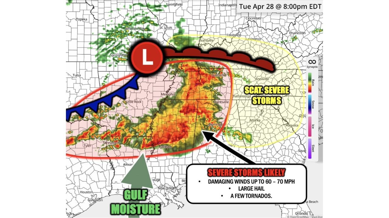 Severe Storms With Damaging Winds, Large Hail and Tornadoes Target the Deep South and Lower Ohio Valley Tuesday Night