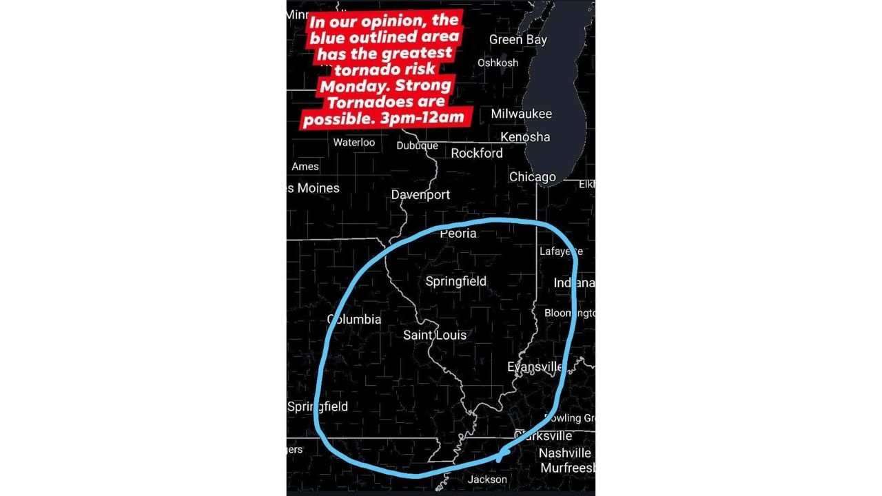 Strong and Long-Track Tornadoes Possible From 3pm to Midnight Monday Across Central Illinois, Saint Louis and Indiana as EF-3 Threat Looms