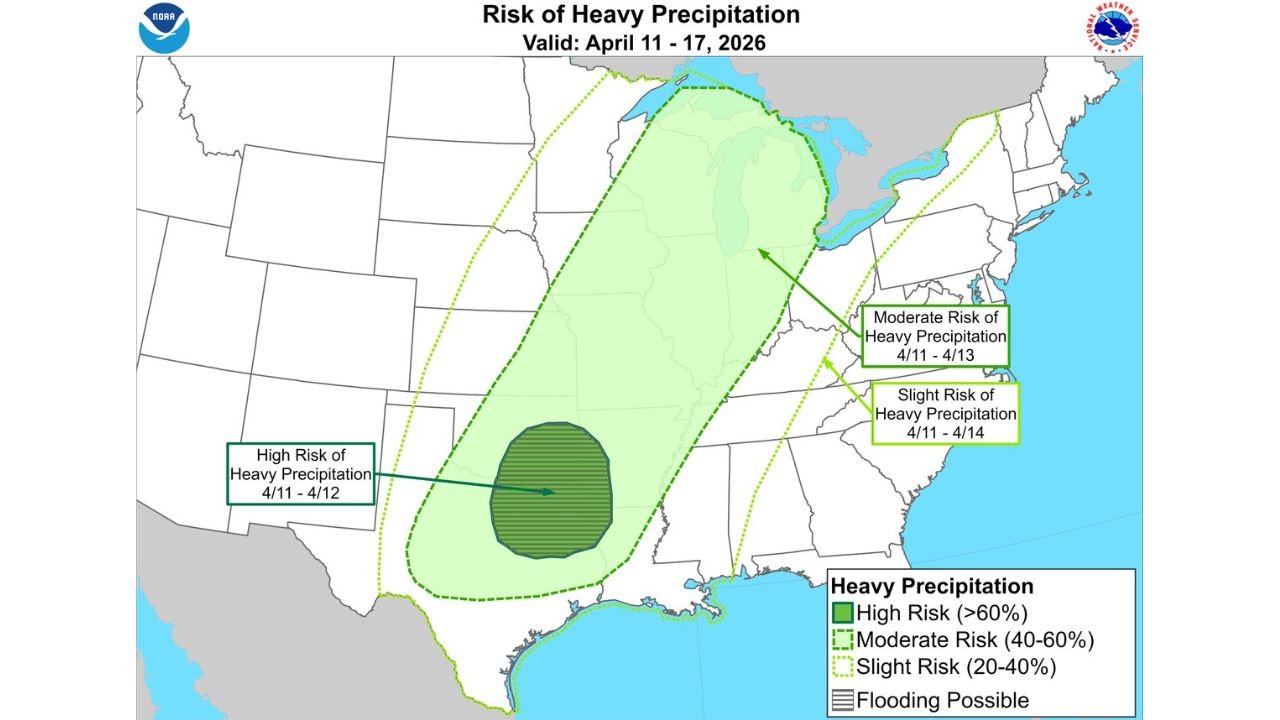 Texas, Oklahoma, Arkansas and Louisiana Face High Flood Risk as Heavy Rain Threat Expands Toward Midwest and Great Lakes April 11 Through April 17