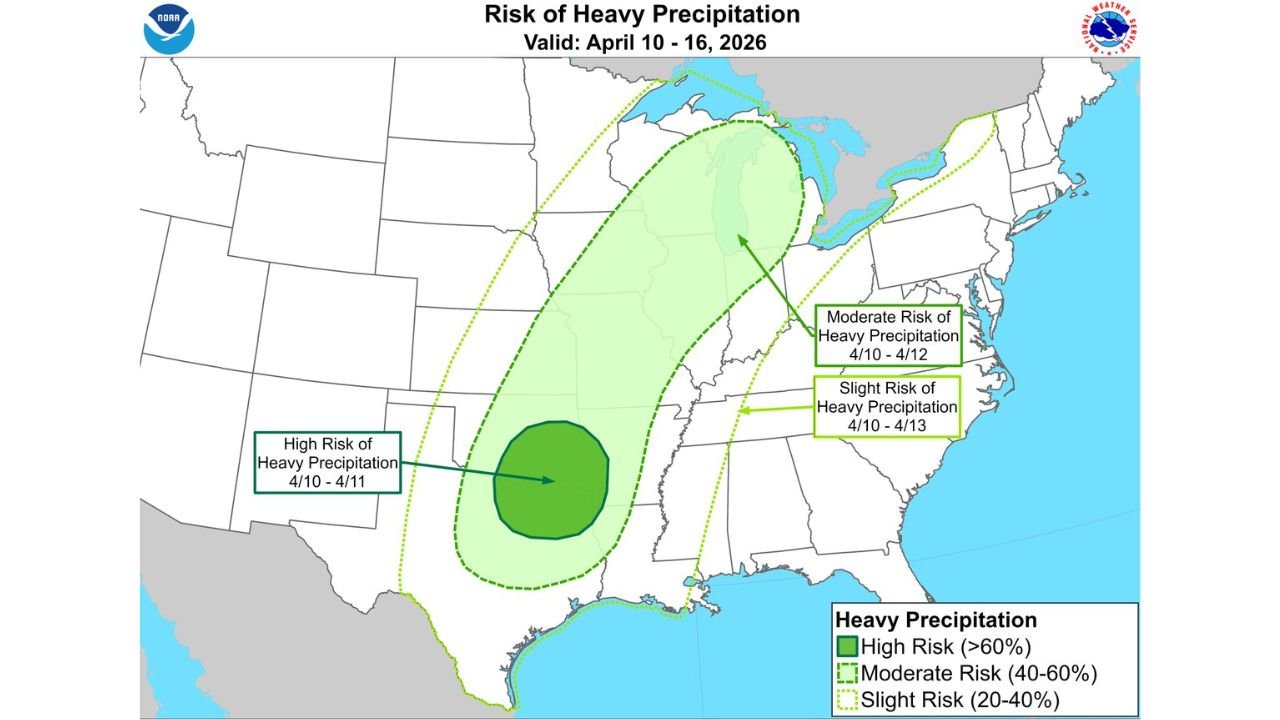 Texas, Oklahoma and Arkansas Face High Risk of Flooding Rain April 10–11 as Storm System Expands Toward Illinois, Indiana and Great Lakes Through April 12