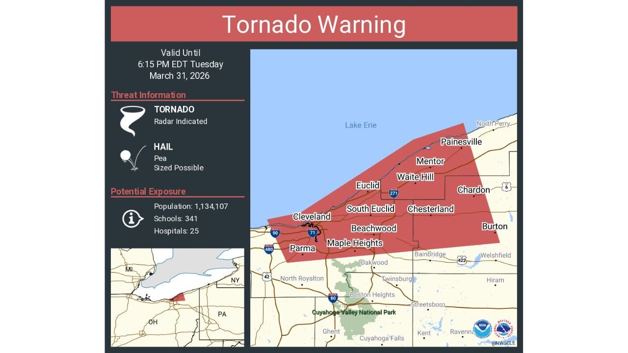 Tornado Warning Issued for Cleveland, Parma and Lakewood Ohio Until 6:15 PM as Radar-Confirmed Rotation Threatens Over 1.1 Million Residents Across Cuyahoga and Lake Counties