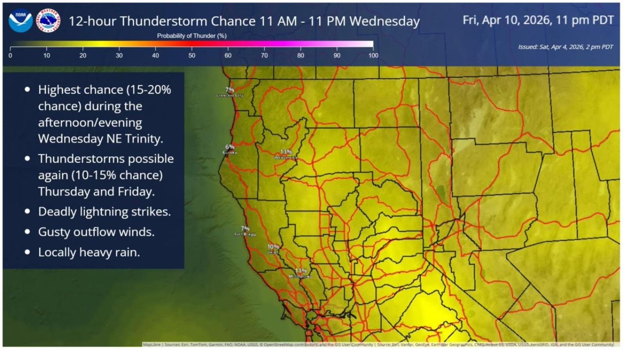 Trinity County, Weaverville and Redding Face Midweek Thunderstorm Chances with Lightning and Gusty Winds in Northern California
