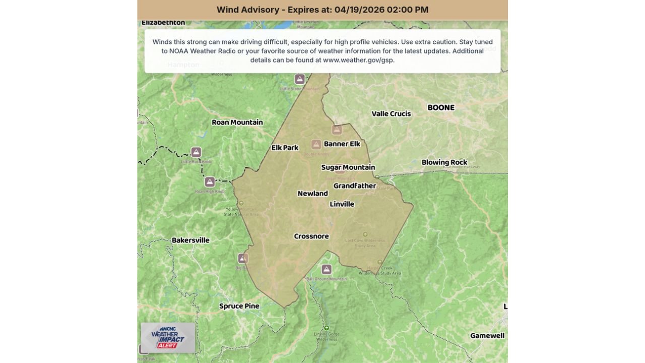 Wind Advisory in Effect for Avery County North Carolina Until 2 PM Sunday as 50 MPH Gusts Threaten Banner Elk, Newland, Linville and Sugar Mountain