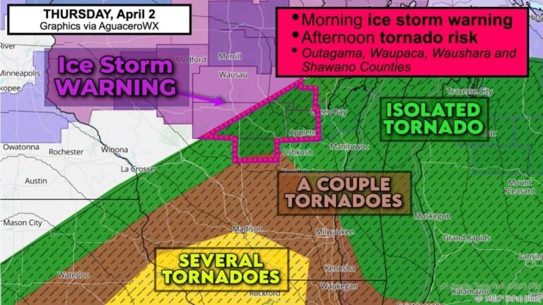 Wisconsin Faces Rare Double Threat With Morning Ice Storm Warning Followed by Afternoon Tornado Risk Across Outagamie Waupaca Waushara and Shawano Counties