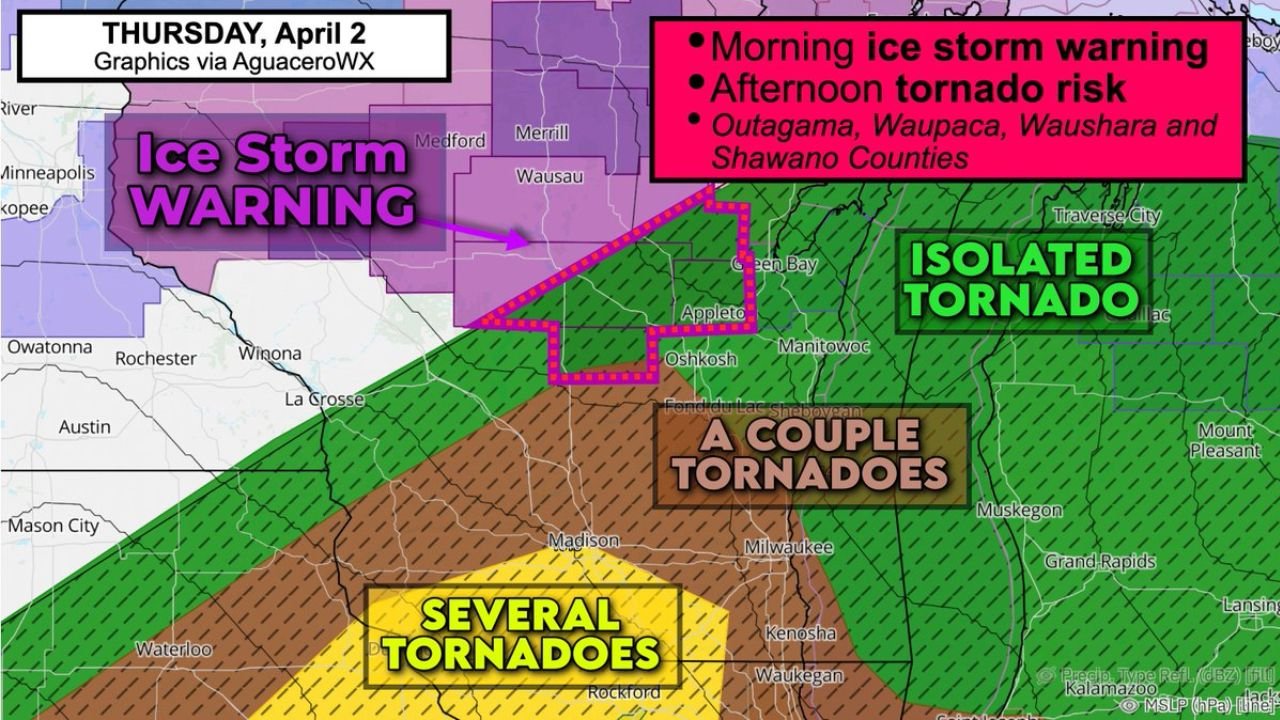 Wisconsin Faces Rare Double Threat With Morning Ice Storm Warning Followed by Afternoon Tornado Risk Across Outagamie Waupaca Waushara and Shawano Counties