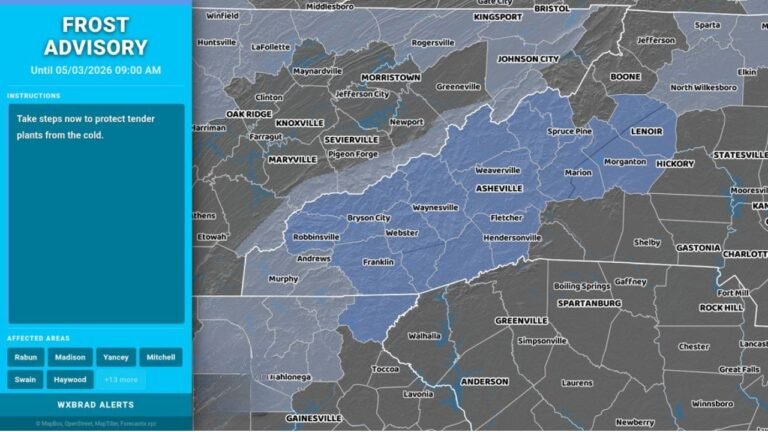 Frost Advisory in Effect Until 9 AM Sunday for Western North Carolina Mountains Including Asheville, Waynesville and Surrounding Counties