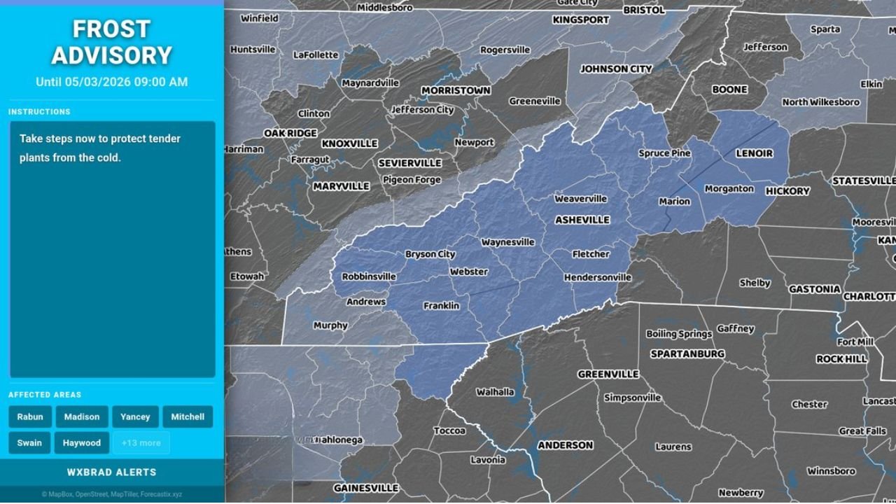 Frost Advisory in Effect Until 9 AM Sunday for Western North Carolina Mountains Including Asheville, Waynesville and Surrounding Counties