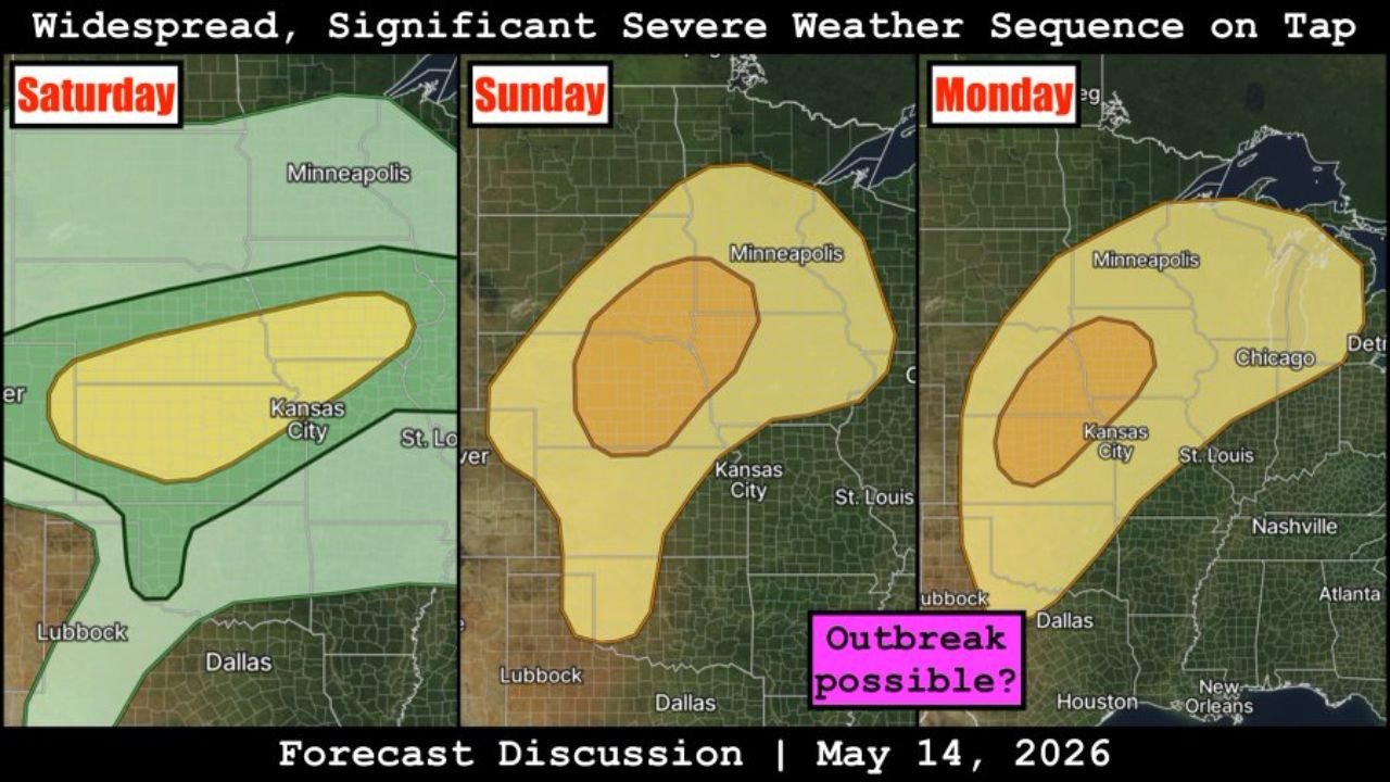 Kansas City, Minneapolis and Chicago Face a Three-Day Severe Weather Sequence Saturday Through Monday With a Possible Outbreak on Monday