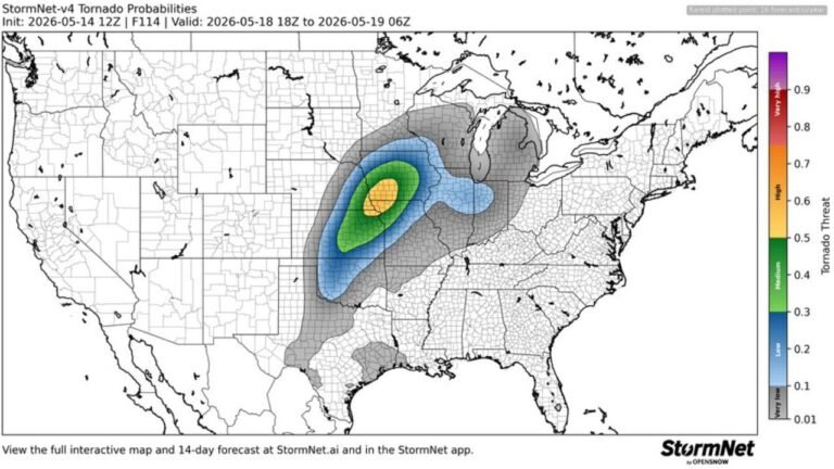 Kansas City and Omaha Face a High Level Tornado Threat on Monday May 18 as Probability Data Shows a Dangerous Bull's-Eye Over the Central Plains