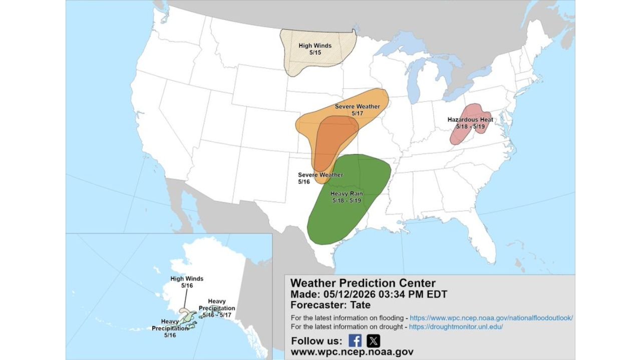 Plains Severe Weather, Northeast Heat and Texas Heavy Rain Headline the National Hazards Outlook for May 15 Through May 19