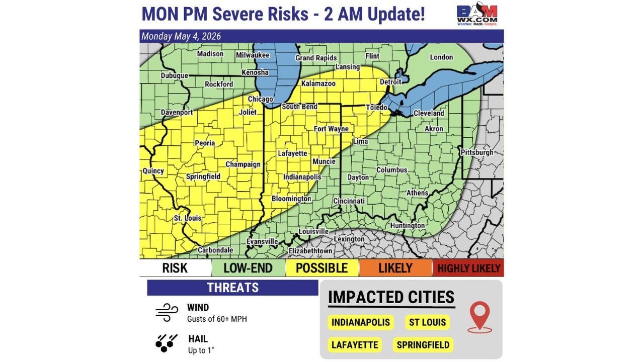 Scattered Severe Storms Bring Damaging Winds and Hail Risk to Illinois, Indiana and Missouri Monday Afternoon Through Night