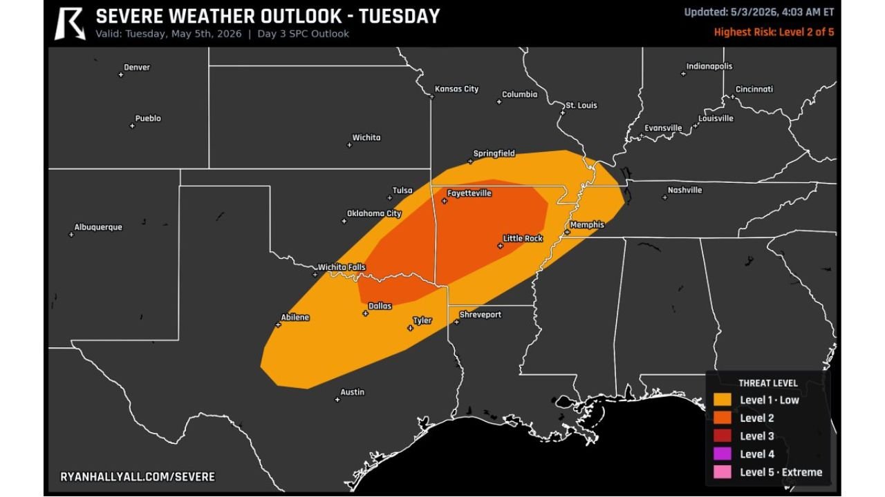 Severe Storms With Large Hail, Damaging Winds and Tornadoes Target Arkansas, Texas and Missouri Tuesday Evening